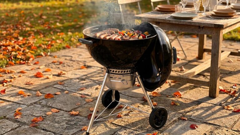 Barbecue Weber Black Friday, barbecue boule au charbon sur une terrasse en automne