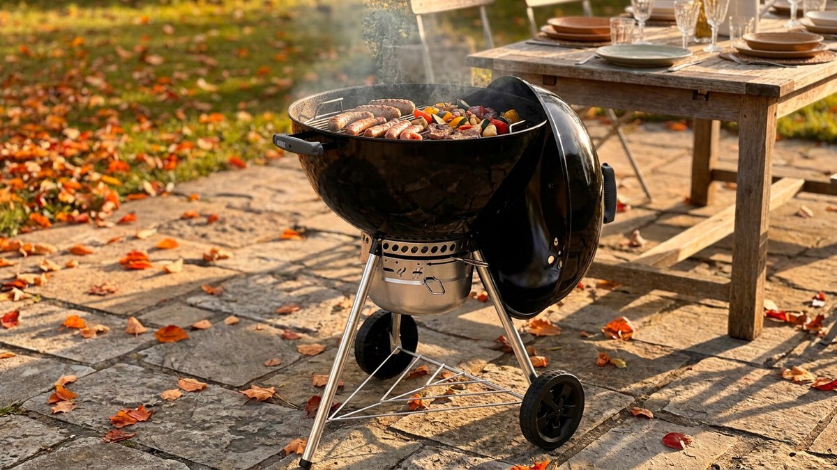 Barbecue Weber Black Friday, barbecue boule au charbon sur une terrasse en automne