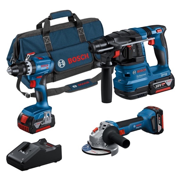 Pack Bosch Professional 18V perceuse GSB 18V-45, perforateur GBH 18V-22 et meuleuse GWS 18V-8