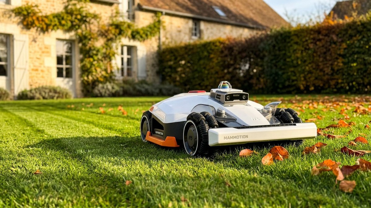 Mammotion Black Friday, robot tondeuse LUBA 3 AWD sur une pelouse en automne