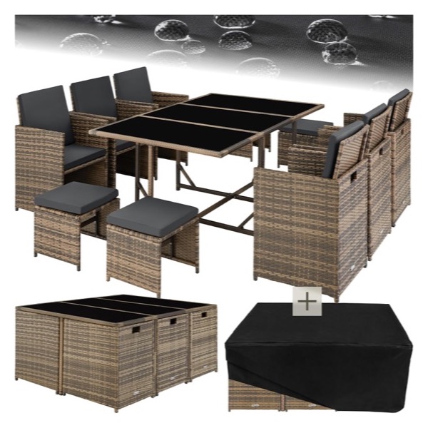 Salon de jardin tectake en résine tressée 10 personnes avec 6 fauteuils et 4 poufs