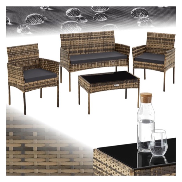 Salon de jardin tectake en résine tressée avec canapé 2 places, 2 fauteuils et table