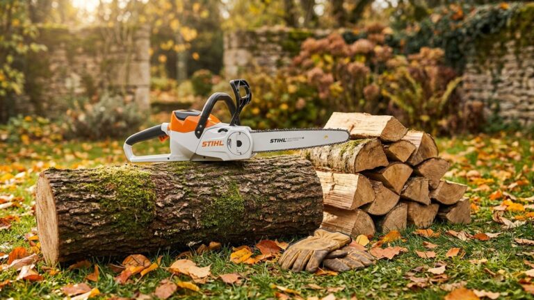 Stihl Black Friday 2026, tronçonneuse à batterie Stihl sur une bûche dans un jardin en automne